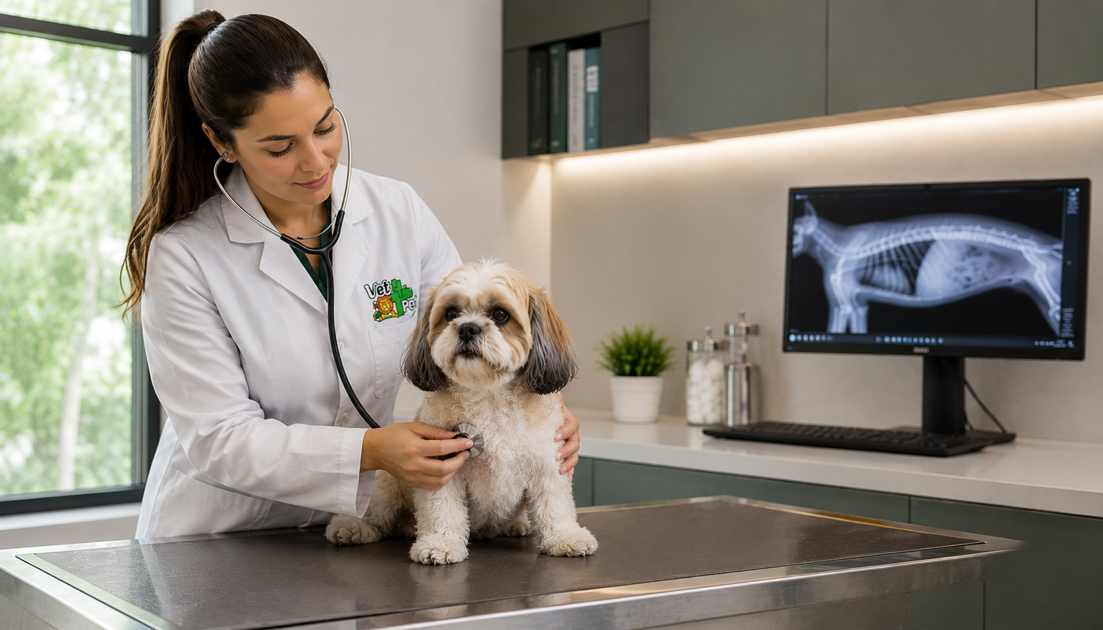 Veterinária atendendo um cachorro