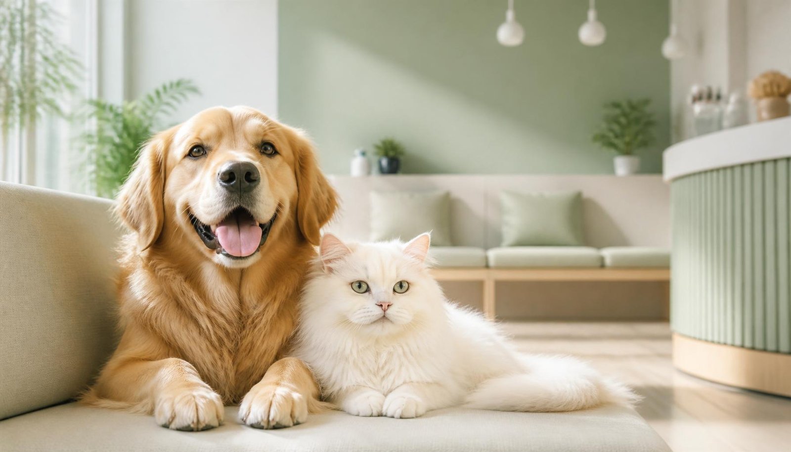 Cachorro e gato em ambiente acolhedor
